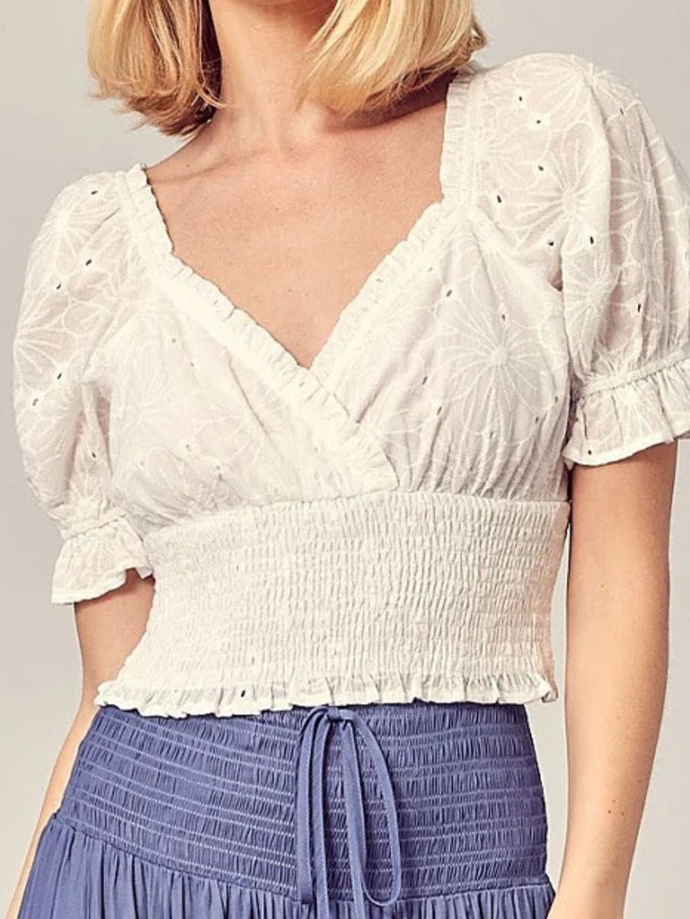 Aqua White Eyelet Smocked Puff Sleeve Blouse